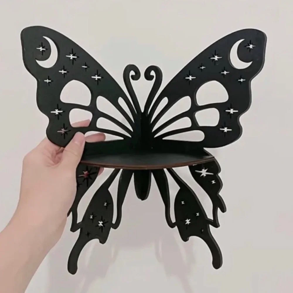 Butterfly Moon Laser Cut Black Wooden Floating Shelf